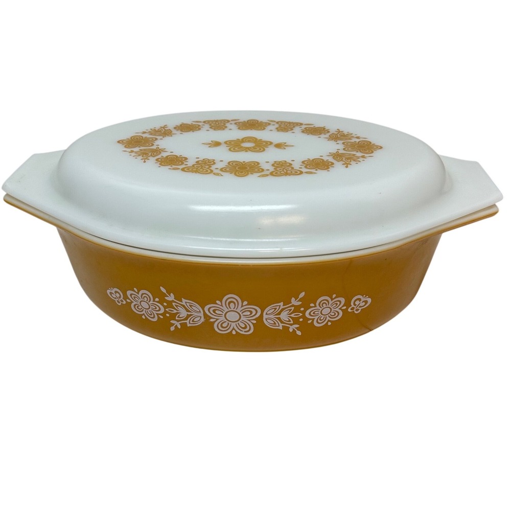 Pyrex Butterfly Gold 045 Oval Casserole Dish 2.5 Qt with Lid Vintage 70s MCM